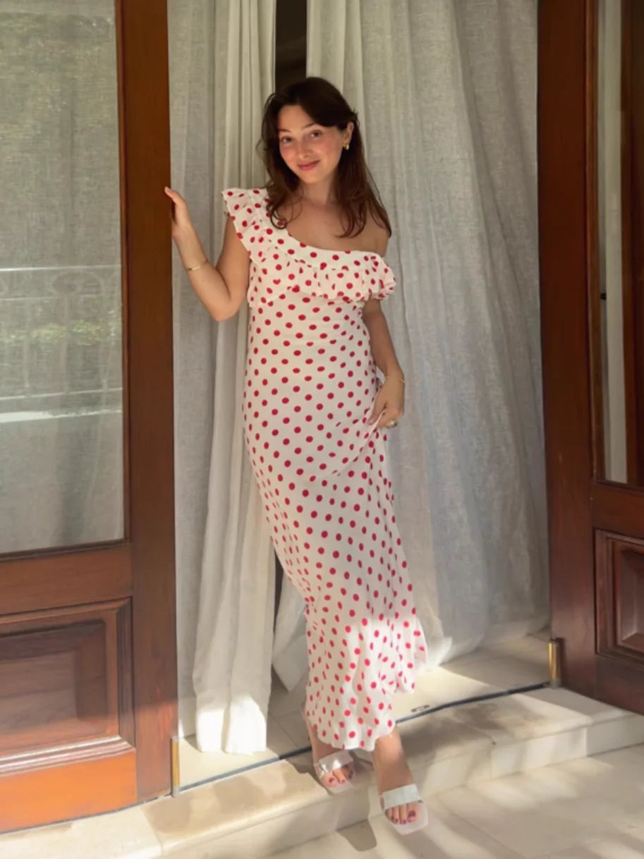 The Dotty Darlin’ | Red Dot Silk Maxi Dress