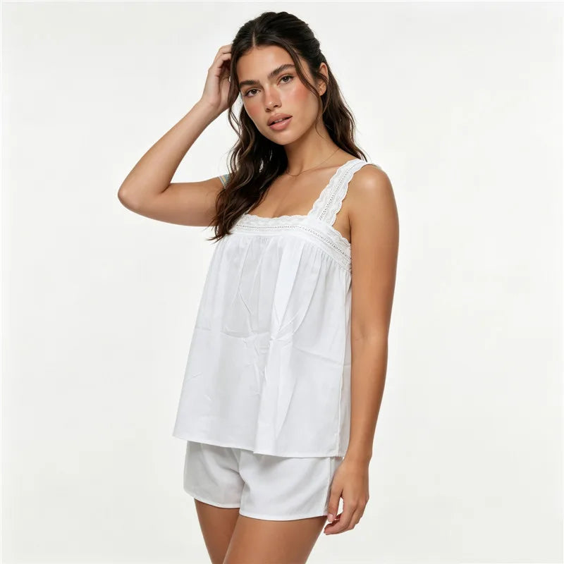 Miranda White Lace-Trim Top & Shorts Set